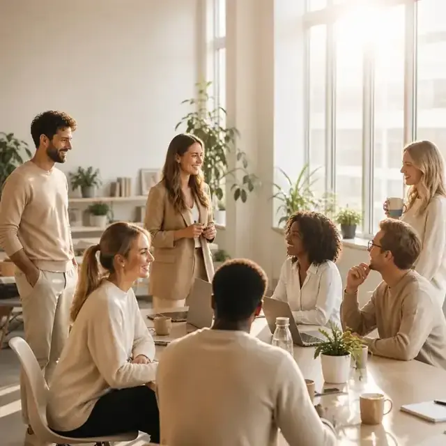 Team collaborating in a modern open office space