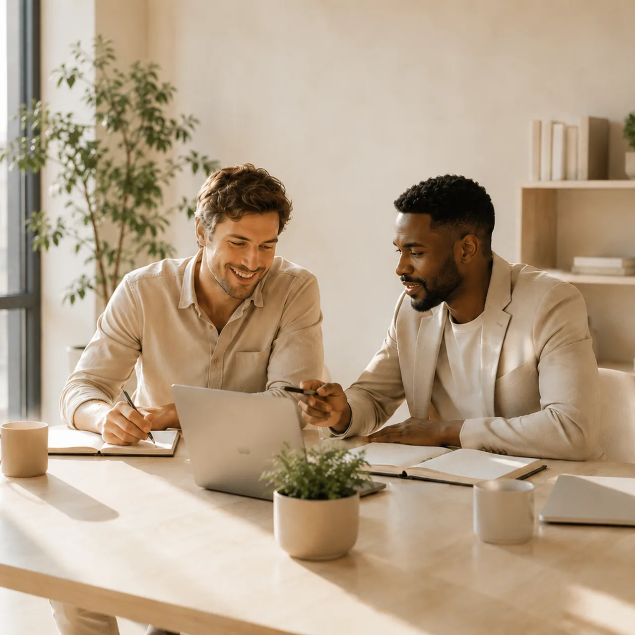Two colleagues collaborating at a laptop in a calm office — performance coaching supports focus and wellbeing